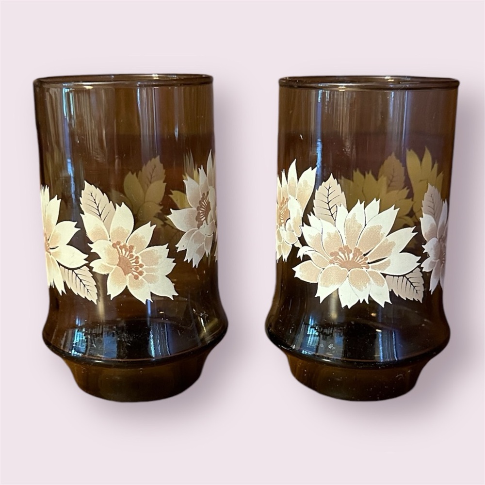 Vintage Style Amber Floral Drinking Glasses